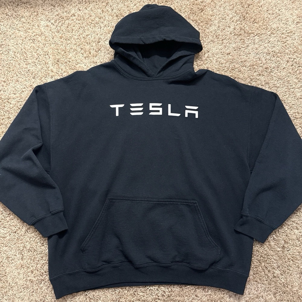 Official Tesla Wordmark Hoodie - Size XXL Men's Black Faded Pullover